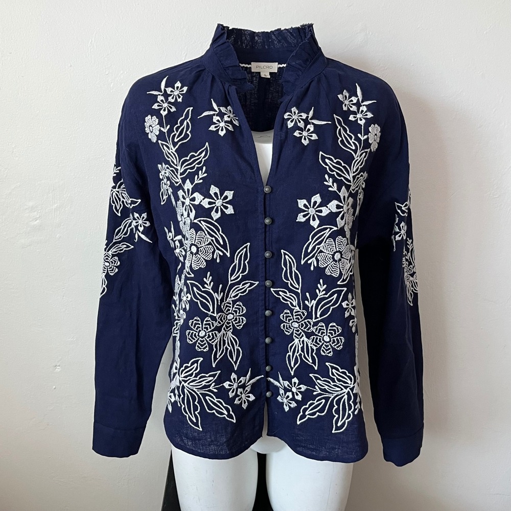 Pilcro Anthropologie Navy Blue Floral Embroidered Linen Cotton Blouse Small